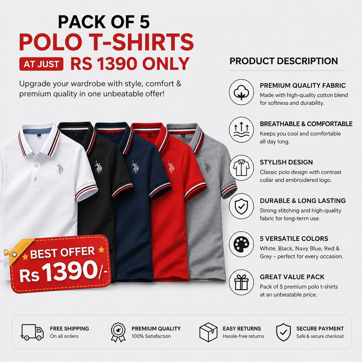 Premium Poly Cotton Solid Half Sleeves Mens Polo T-Shirt (Pack of 5)-ALL Size = 6XL