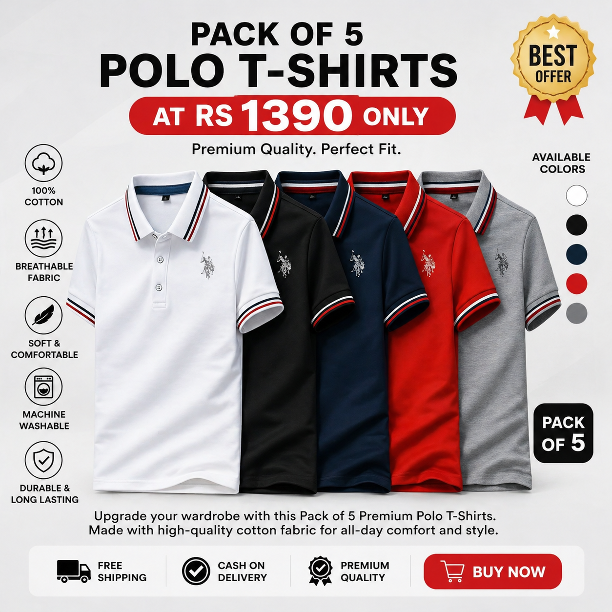 Premium Poly Cotton Solid Half Sleeves Mens Polo T-Shirt (Pack of 5)-ALL Size = 6XL