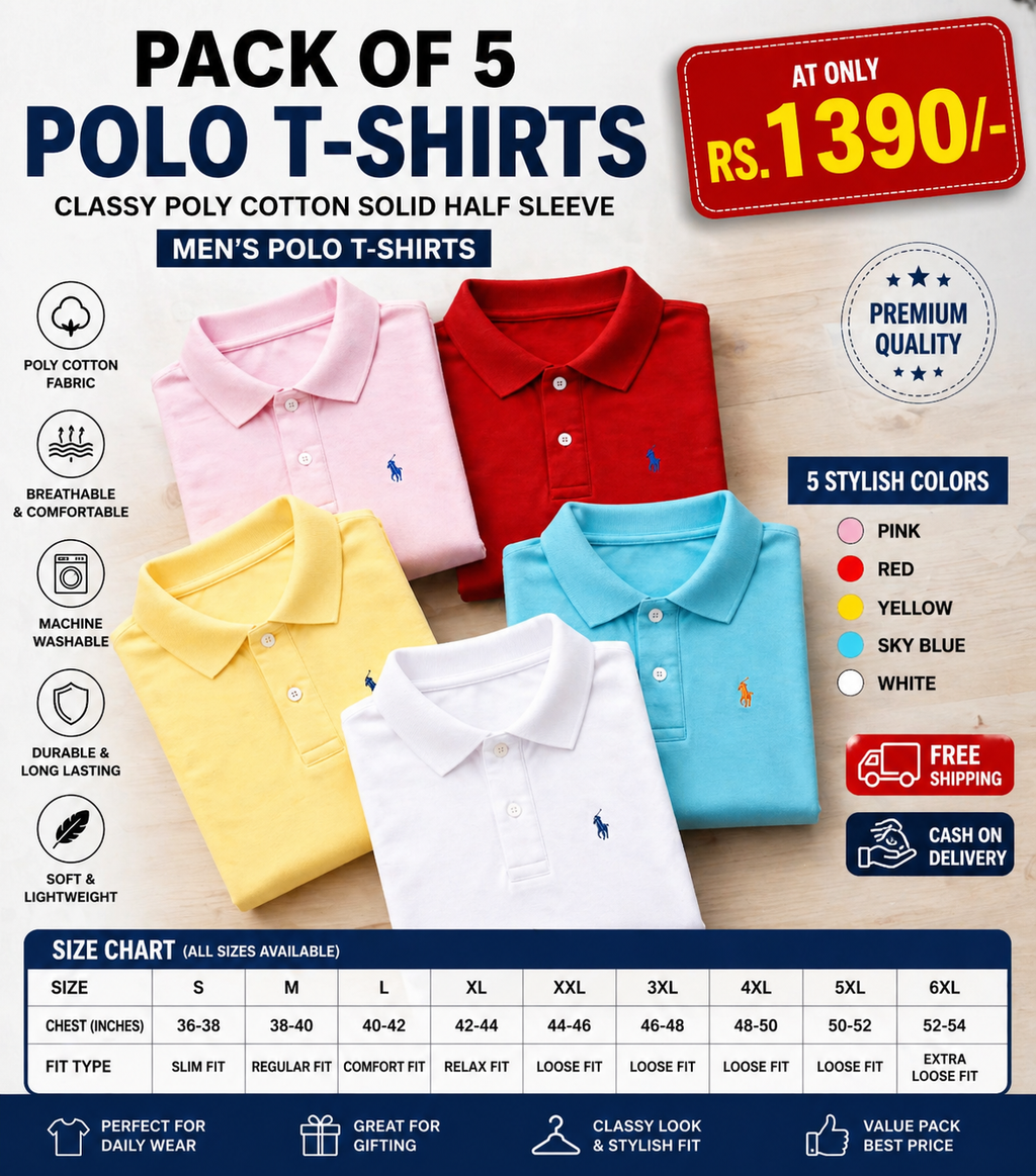 Classy Poly Cotton Solid Half Sleeves Mens Polo T-Shirt (Pack of 5)- ALLSize= 6XL