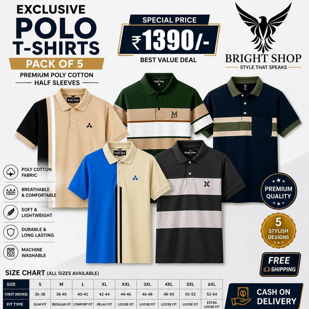 Exclusive Poly Cotton Solid Half Sleeves Mens Polo T-shirt(Pack of 5)-ALL Size = 6XL