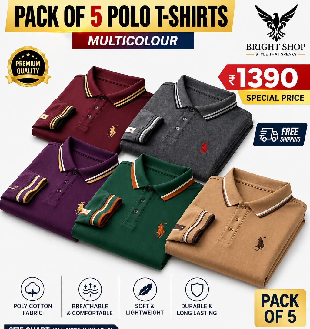 Iconic Poly Cotton Solid Half Sleeves Mens Polo T-shirt (Pack of 5) - ALL Size = 6XL