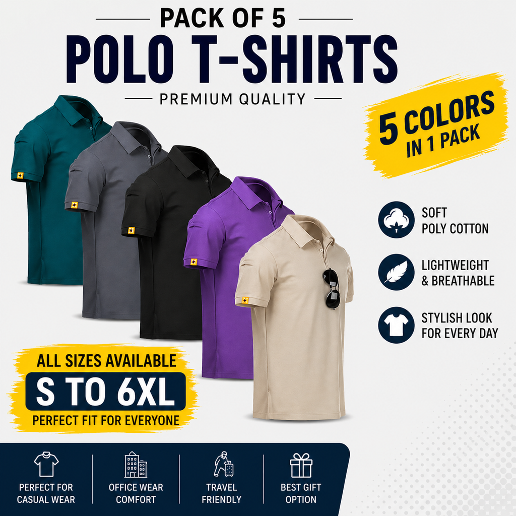 Stylish Poly Cotton Solid Half Sleeves Mens Polo T-Shirt (Pack of 5)- ALL Size= 6XL