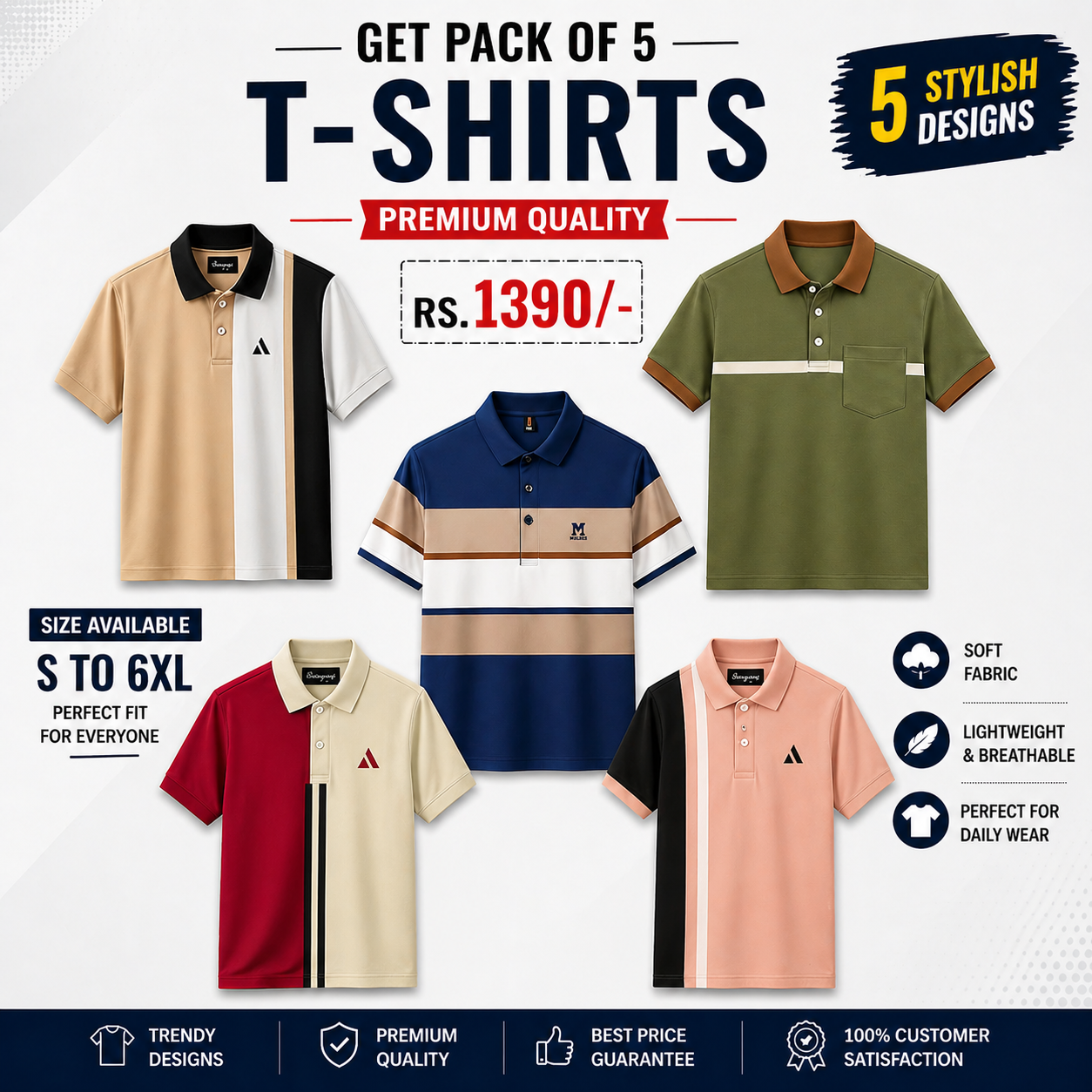 New Poly Cotton Solid Half Sleeves Mens Polo T-Shirt(Pack of 5)-All Size = 6XL