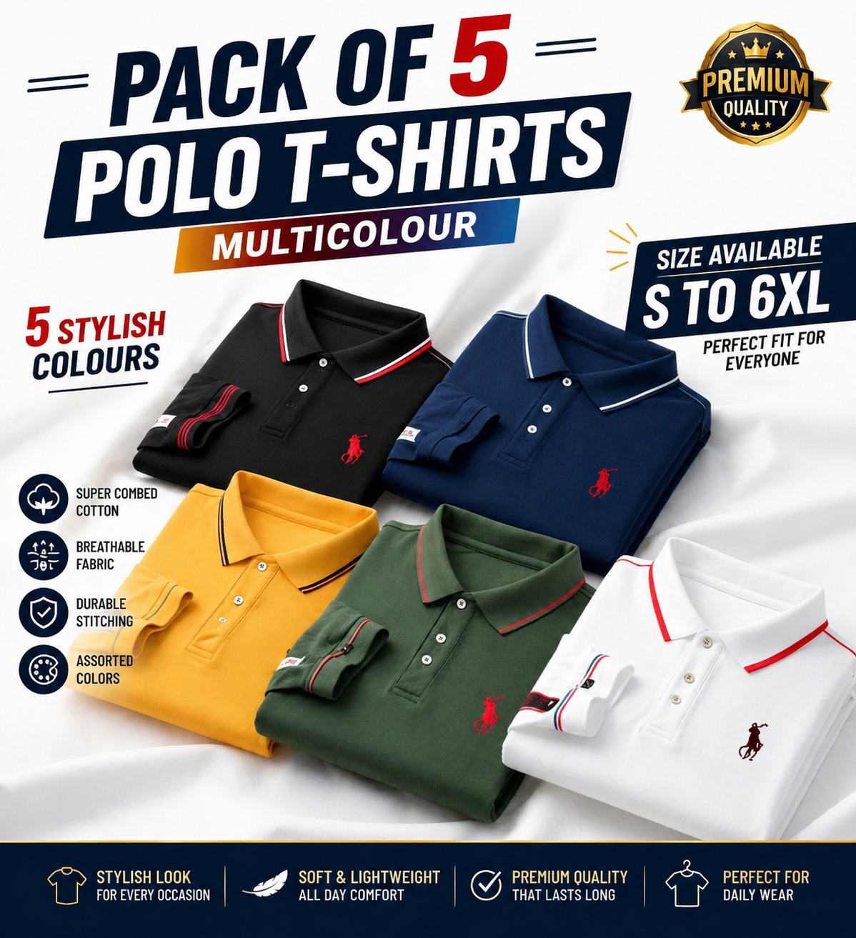 Dailywear Poly Cotton Solid Half Sleeves Mens Polo T-Shirt(Pack of 5)-ALL Size = 6XL