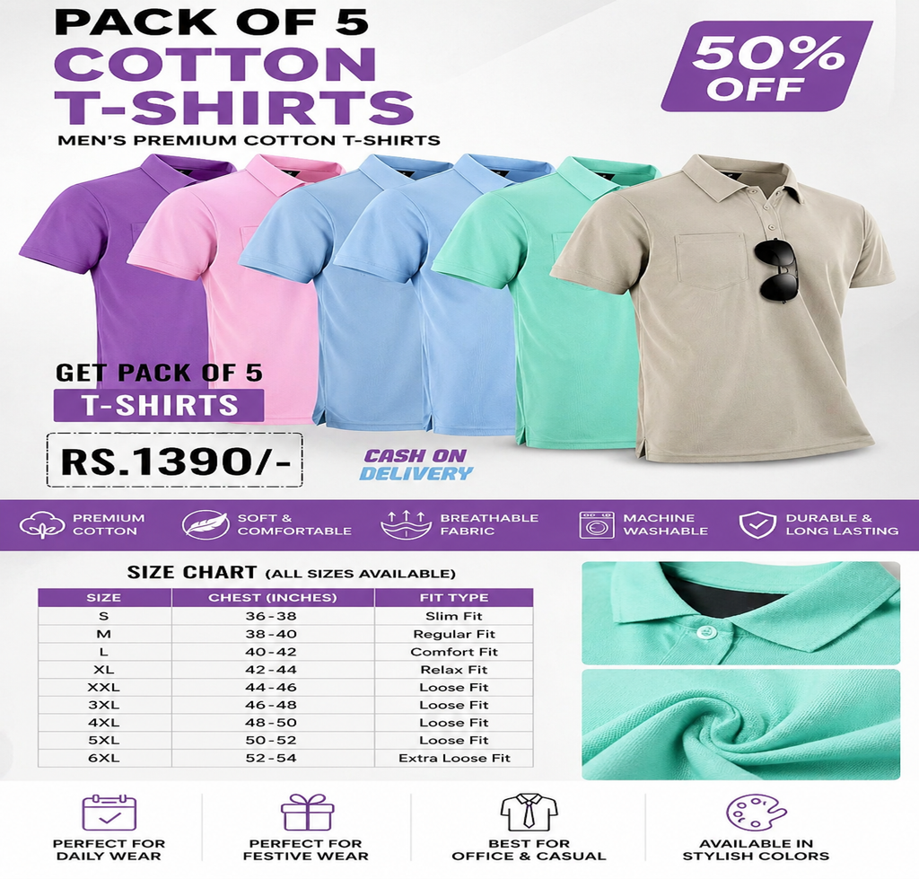 Festive Poly Cotton Solid Half Sleeves Mens Polo T-Shirt(Pack of 5)- ALLSize = 6XL