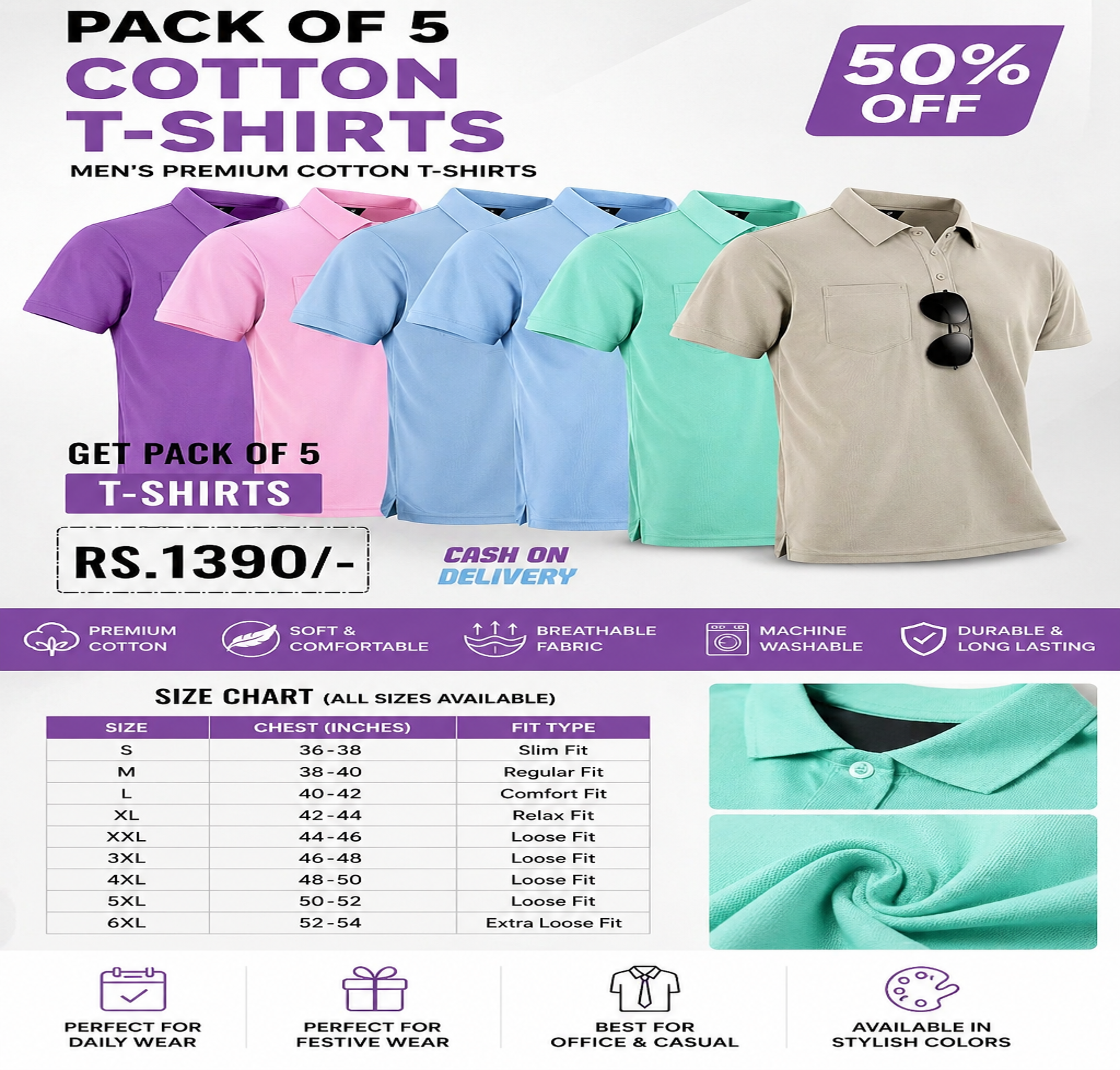Festive Poly Cotton Solid Half Sleeves Mens Polo T-Shirt(Pack of 5)- ALLSize = 6XL