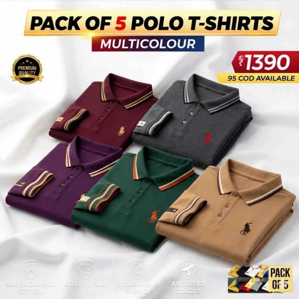 Iconic Poly Cotton Solid Half Sleeves Mens Polo T-shirt (Pack of 5) - ALL Size = 6XL