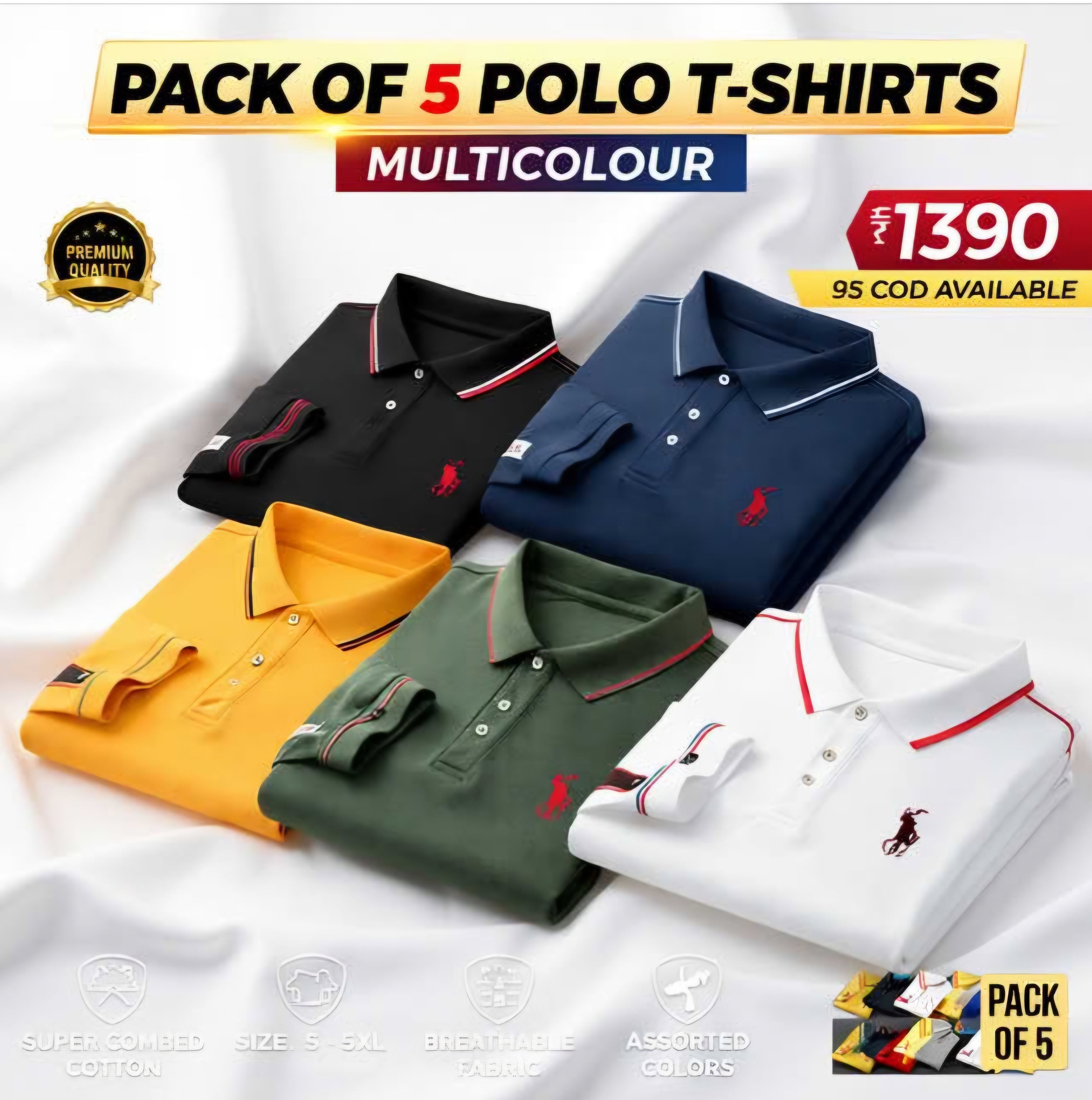 Dailywear Poly Cotton Solid Half Sleeves Mens Polo T-Shirt(Pack of 5)-ALL Size = 6XL